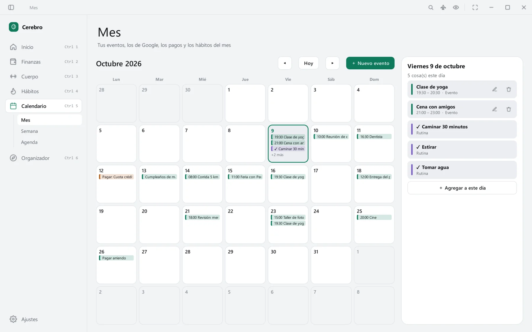 Calendario del mes con eventos, pagos y hábitos.